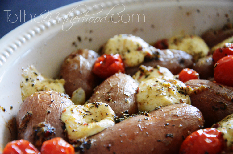 Side View of Roasted Fingerling Potatoes and Cherry Tomatoes