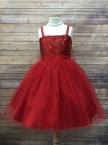 Red Sequined Bodice with Tulle Skirt and Sash